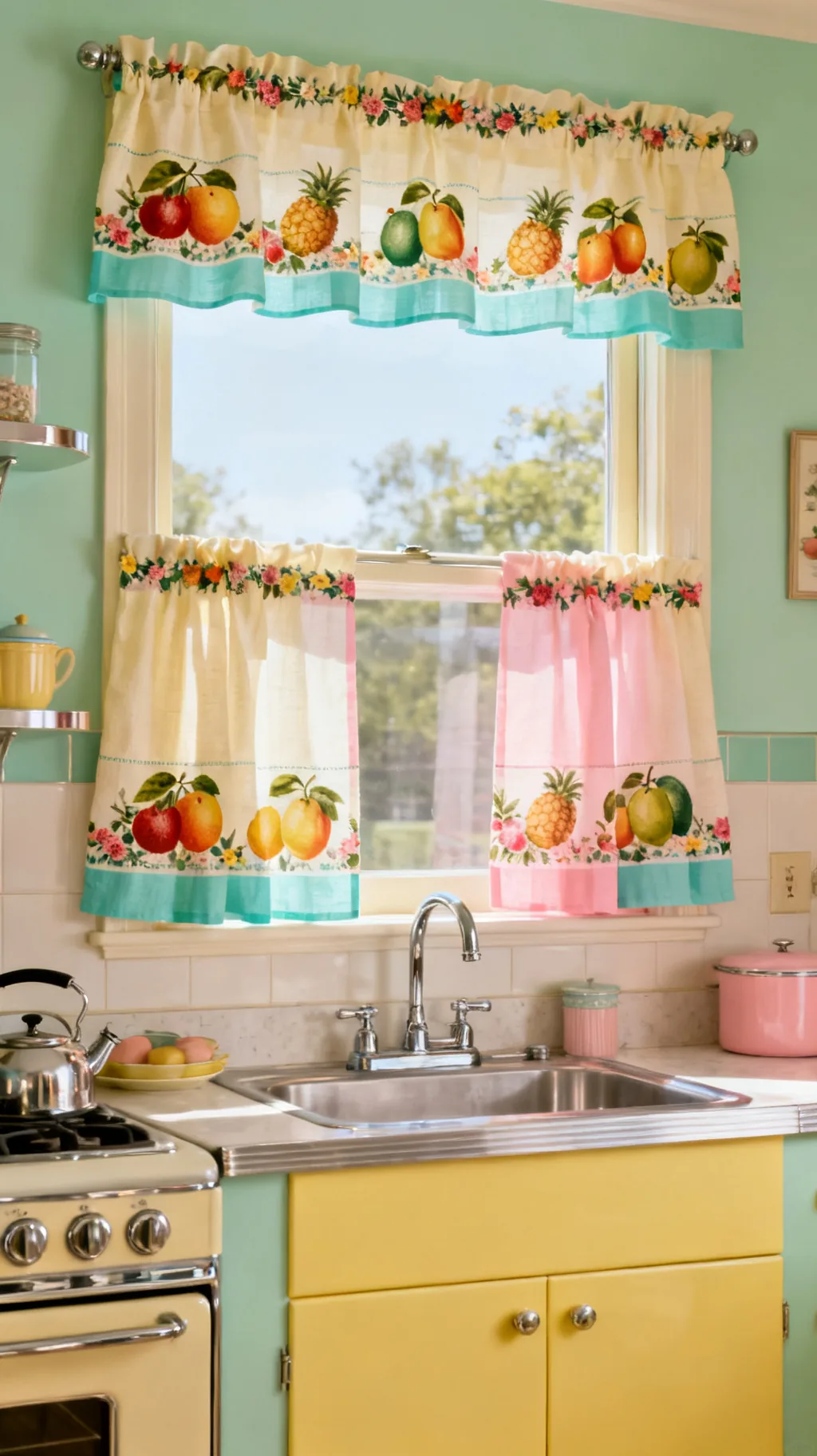 Tea-towel fabric curtains in a retro kitchen