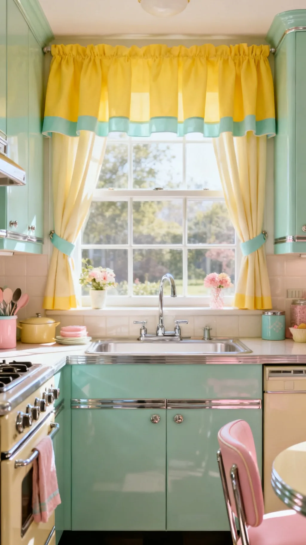 Buttercup yellow curtains in a retro kitchen