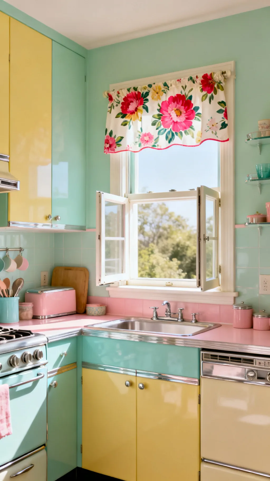 Statement valance in a retro kitchen