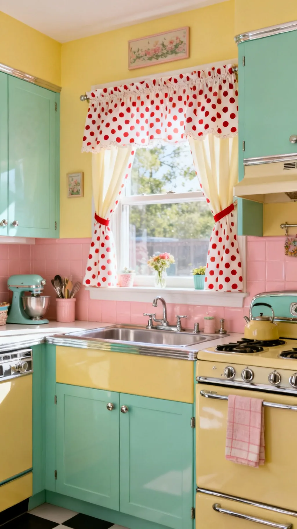 Polka-dot curtains in a retro kitchen