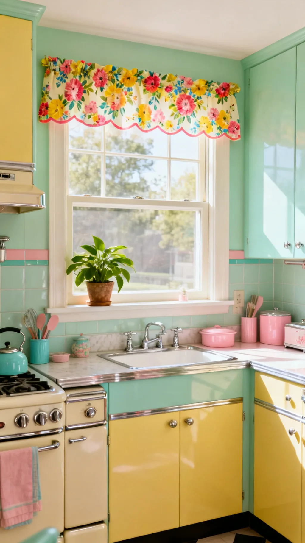 Cheerful floral valance in a retro kitchen