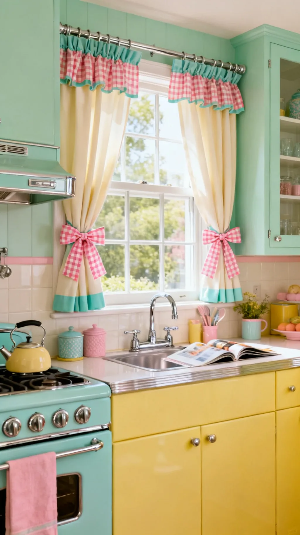 Curtains with ribbon tie-backs in a retro kitchen