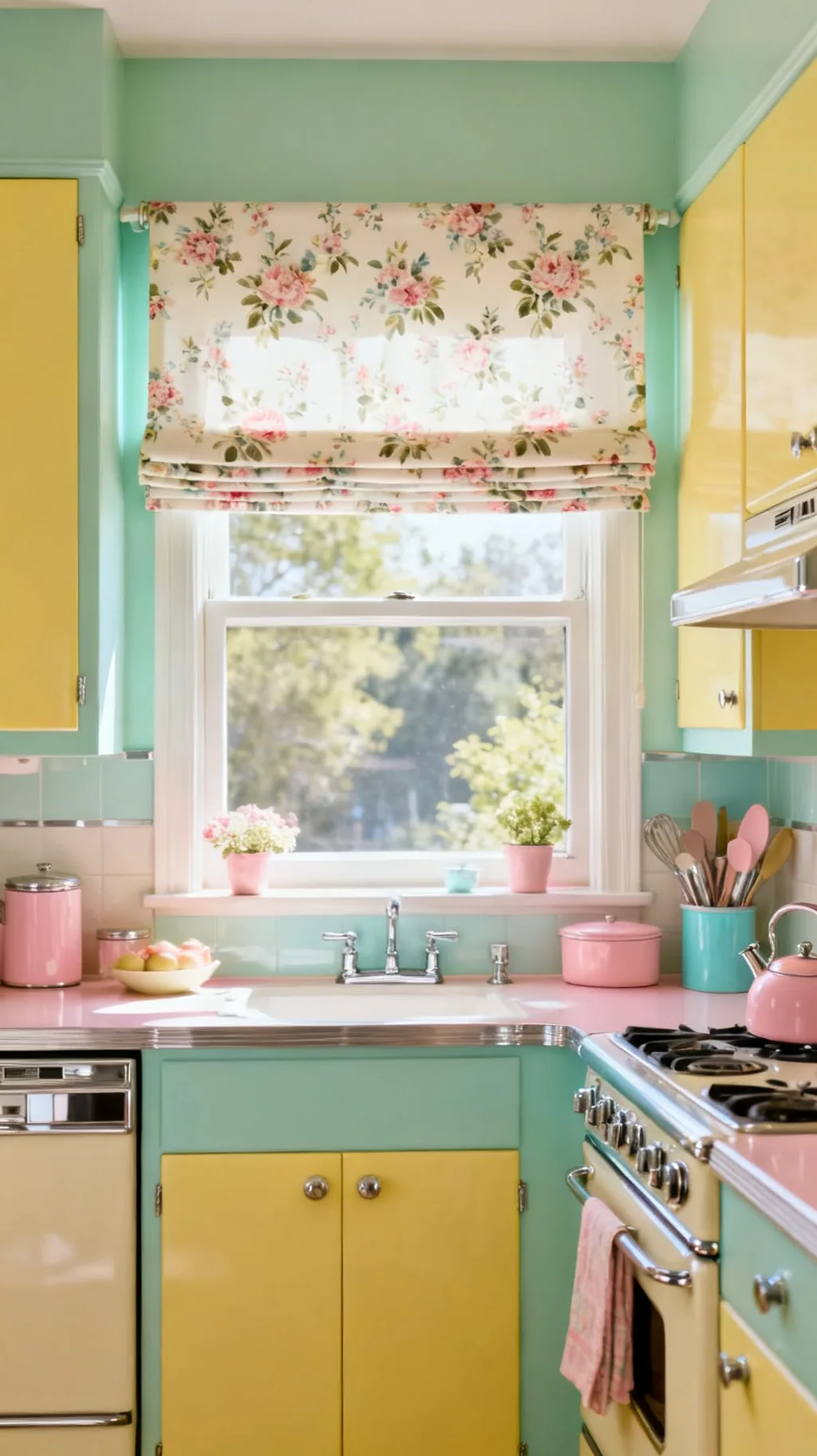 Cottage floral roman shade in a retro kitchen