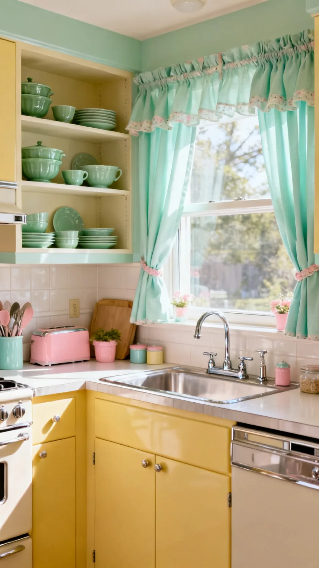 Curtains matched to retro dishware