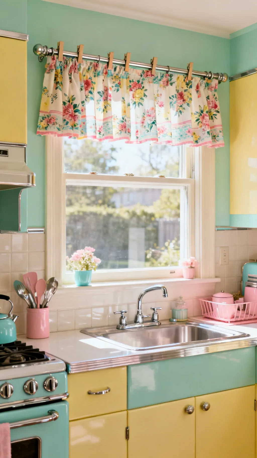 Vintage linen repurposed as curtains in a retro kitchen