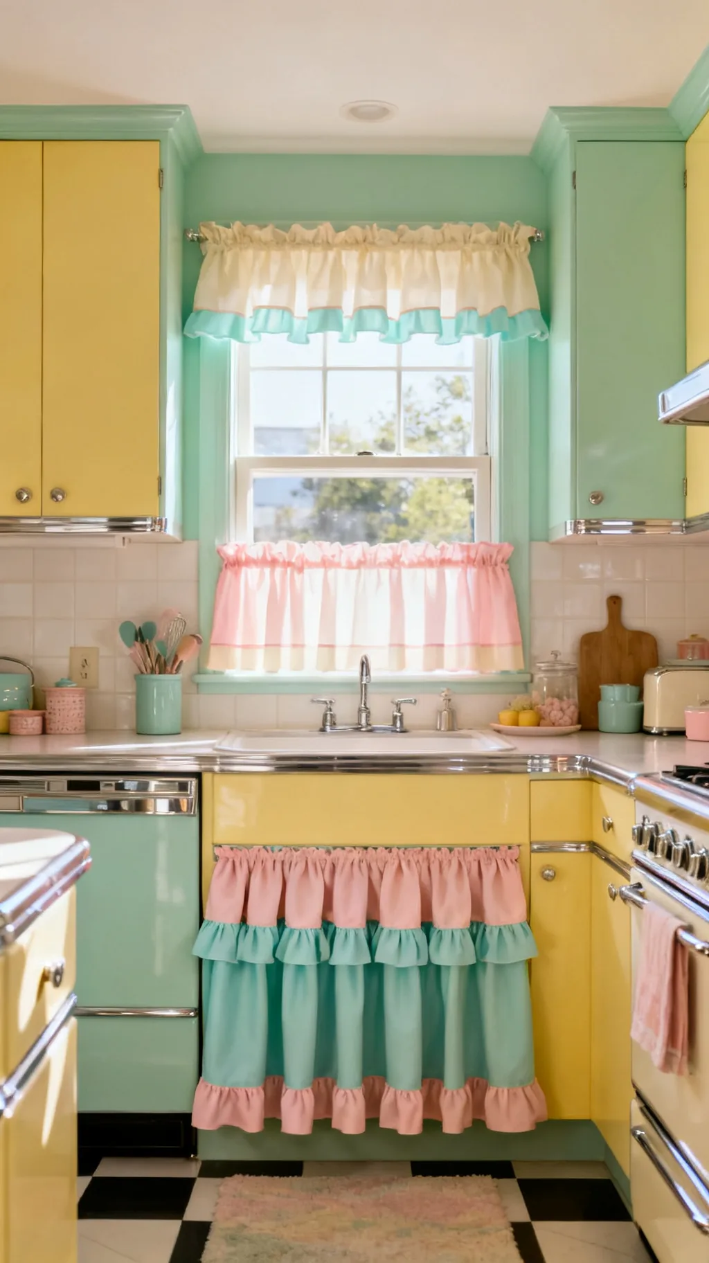 Half-window tier curtains in a retro kitchen