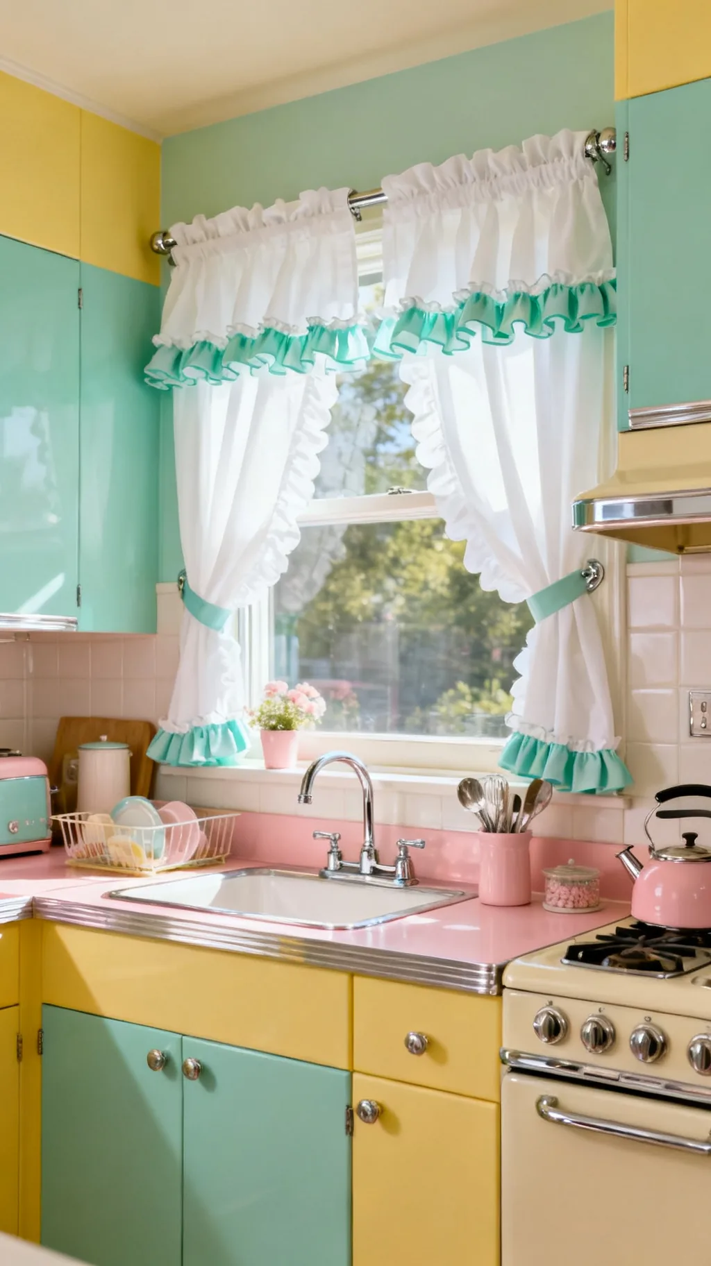 Ruffled trim curtains in a retro kitchen