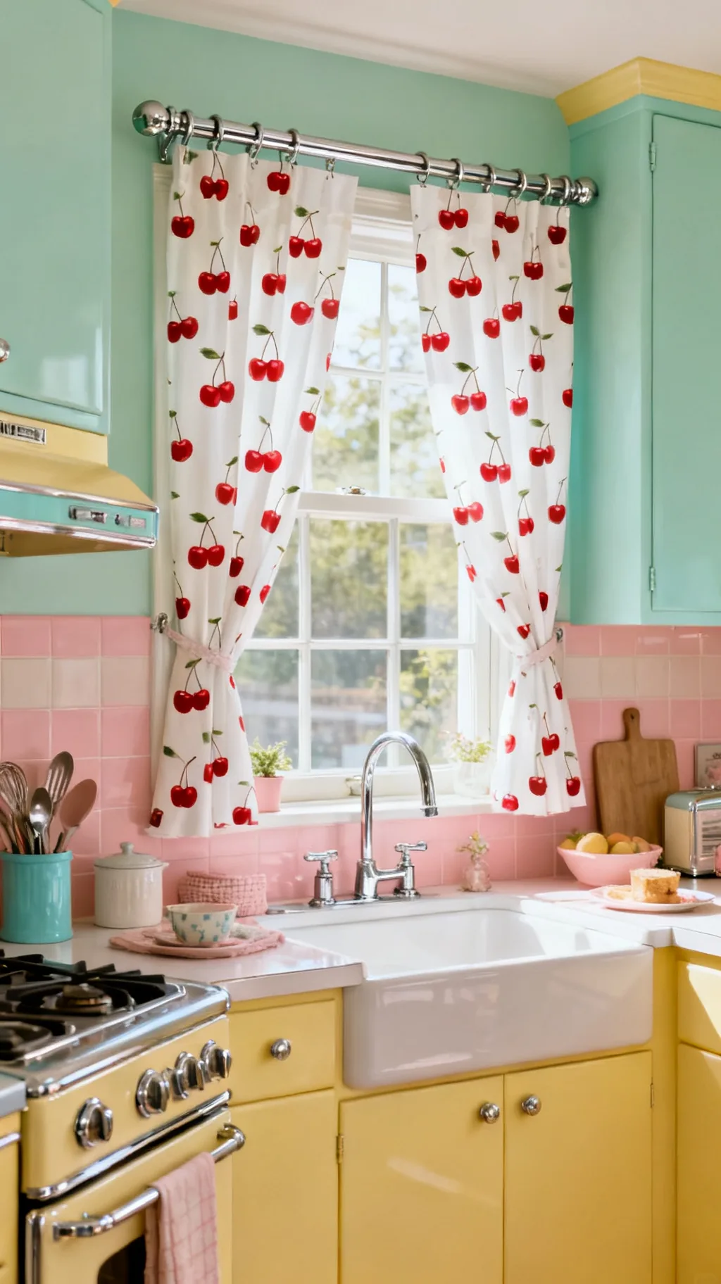 Cherry-print retro kitchen curtains
