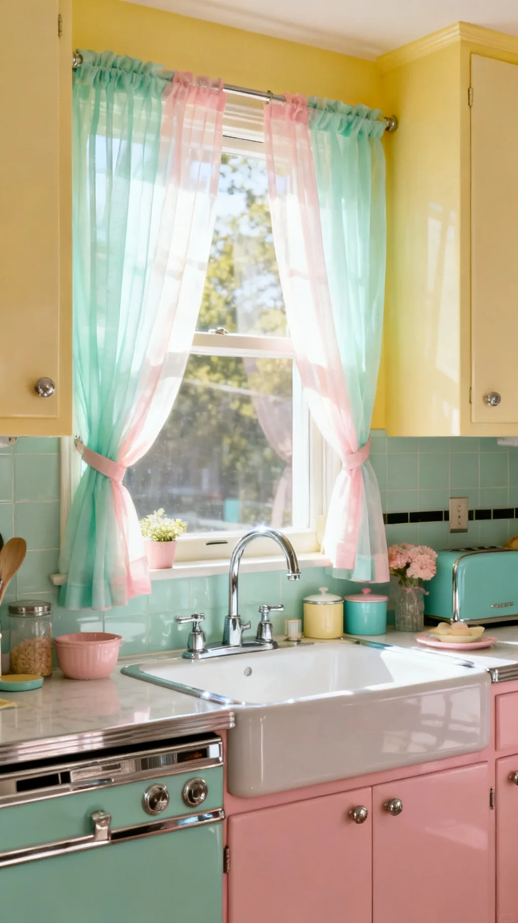 Sheer pastel voile curtains in a retro kitchen