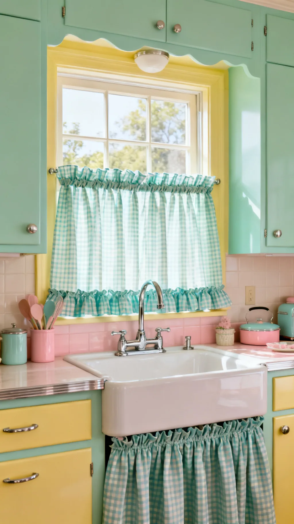 Skirted sink curtain in a retro kitchen