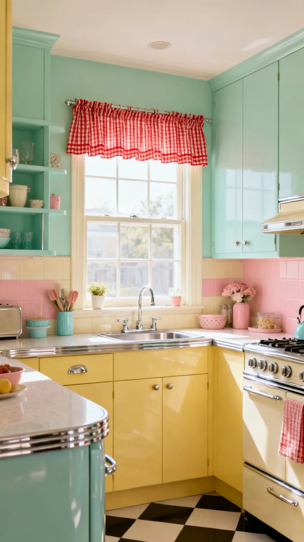 Ticking stripe curtains in a retro kitchen
