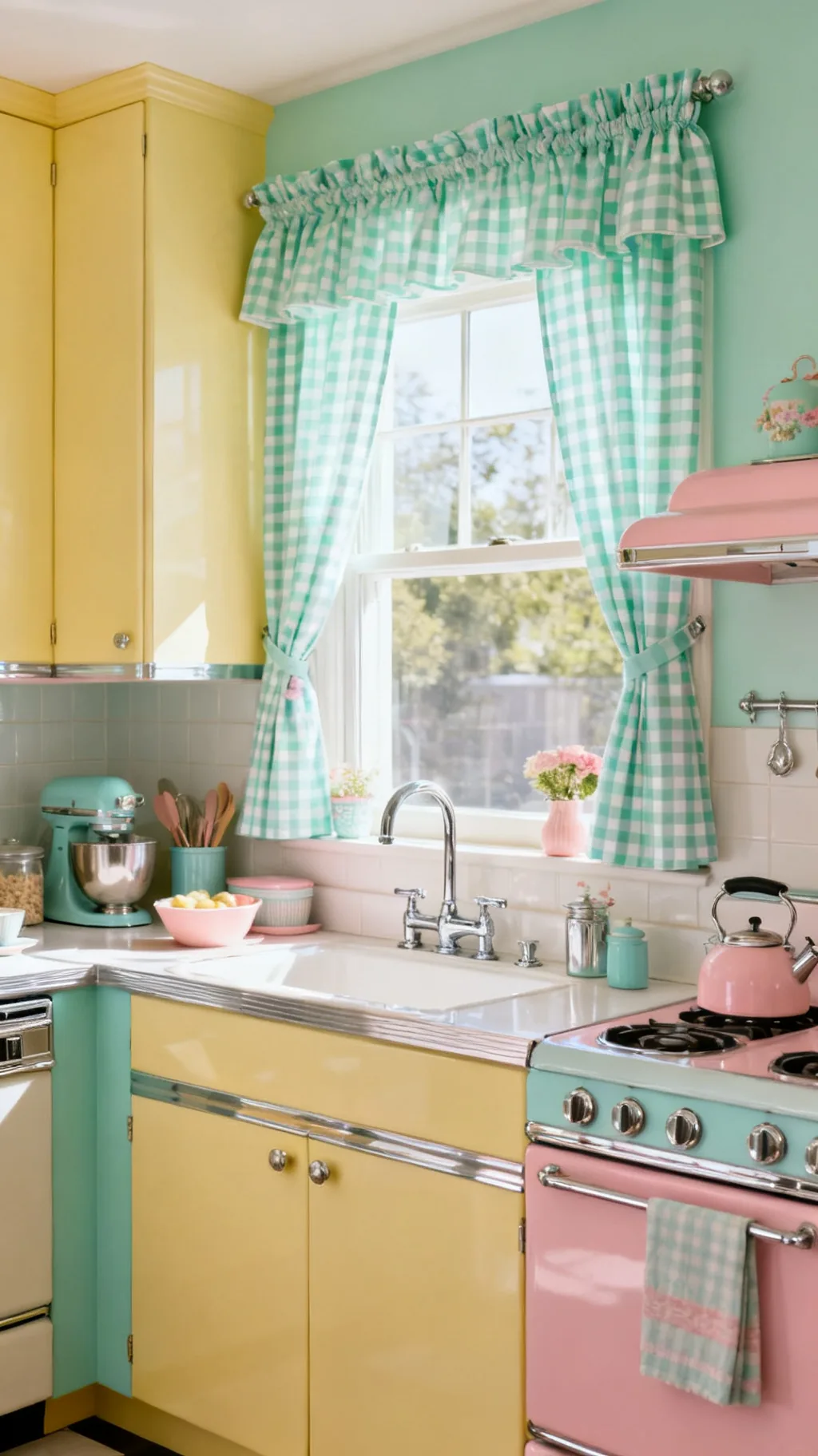 Mint and white check curtains in a retro kitchen