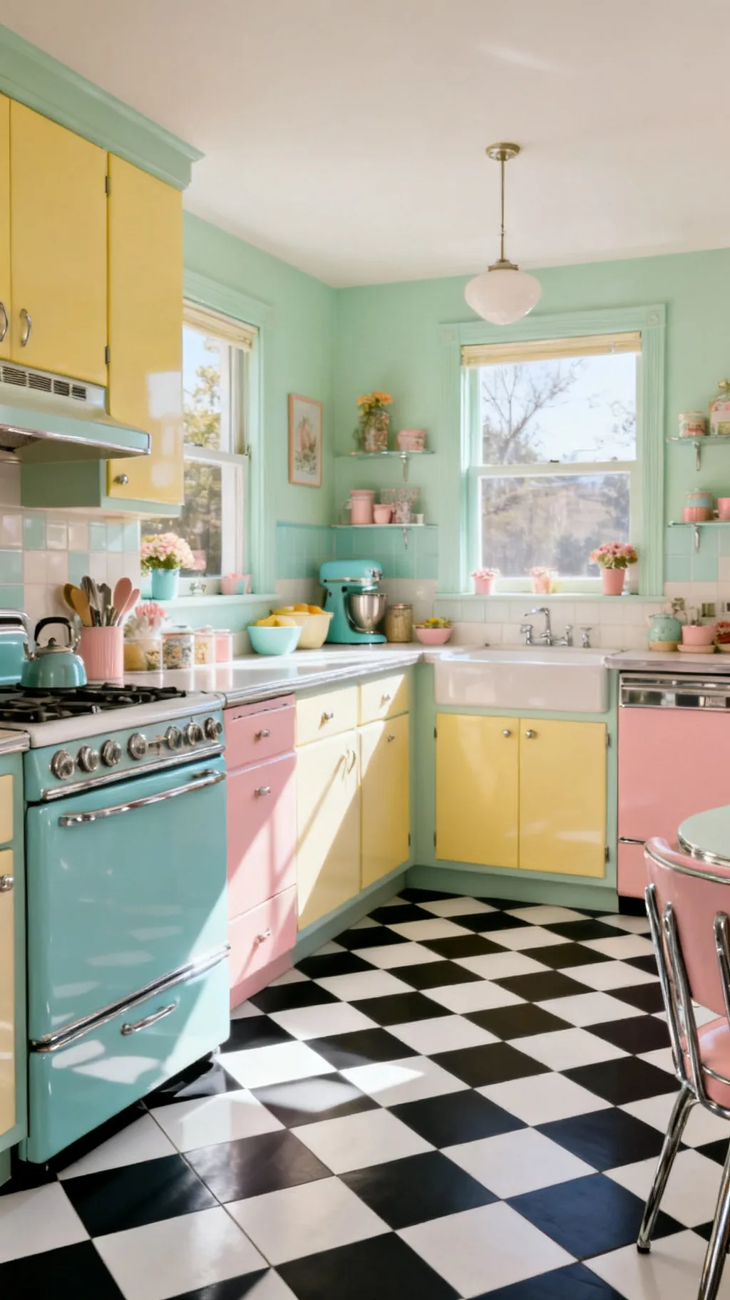 Black and white checkerboard floor