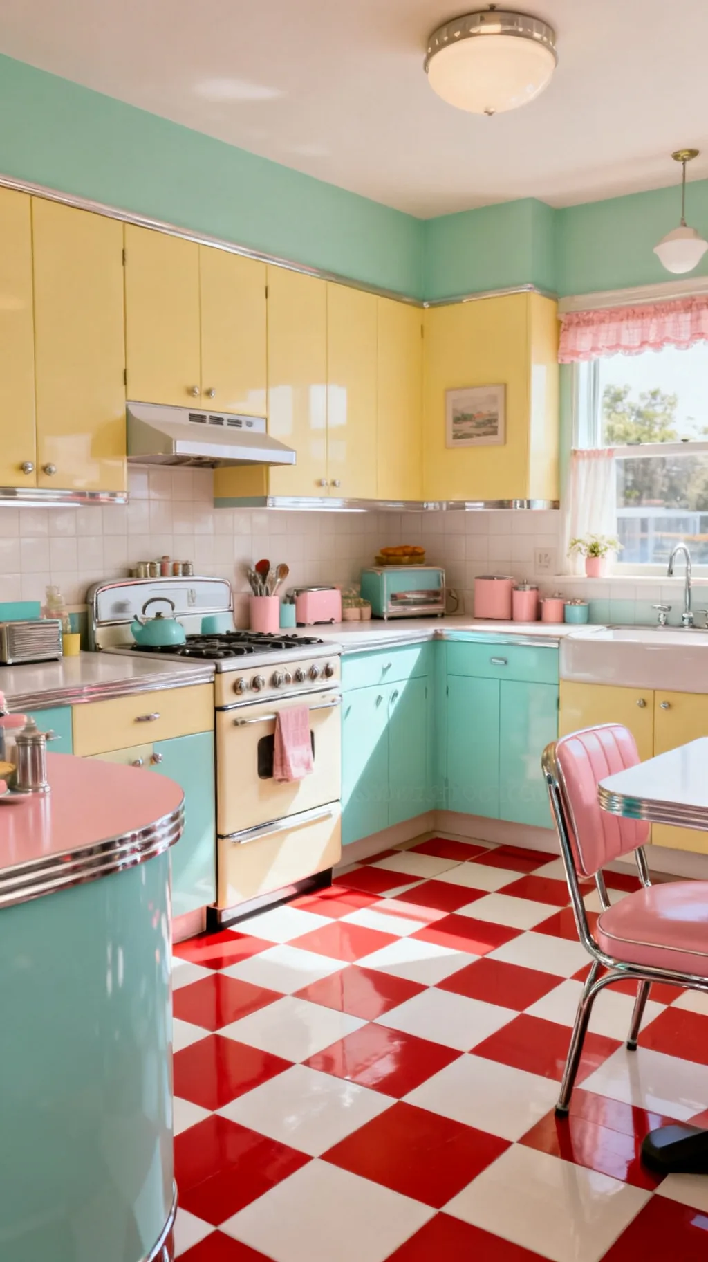 Red and white checkerboard floor