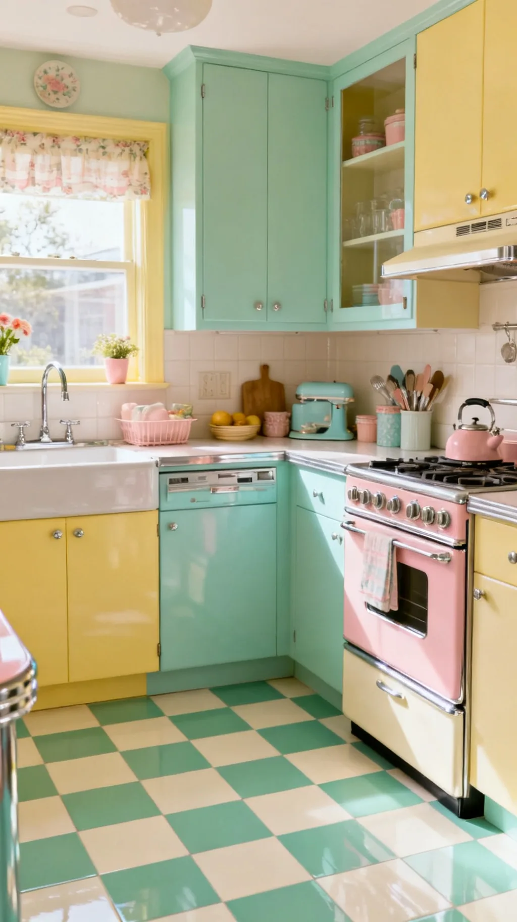 Mint and cream checkerboard floor