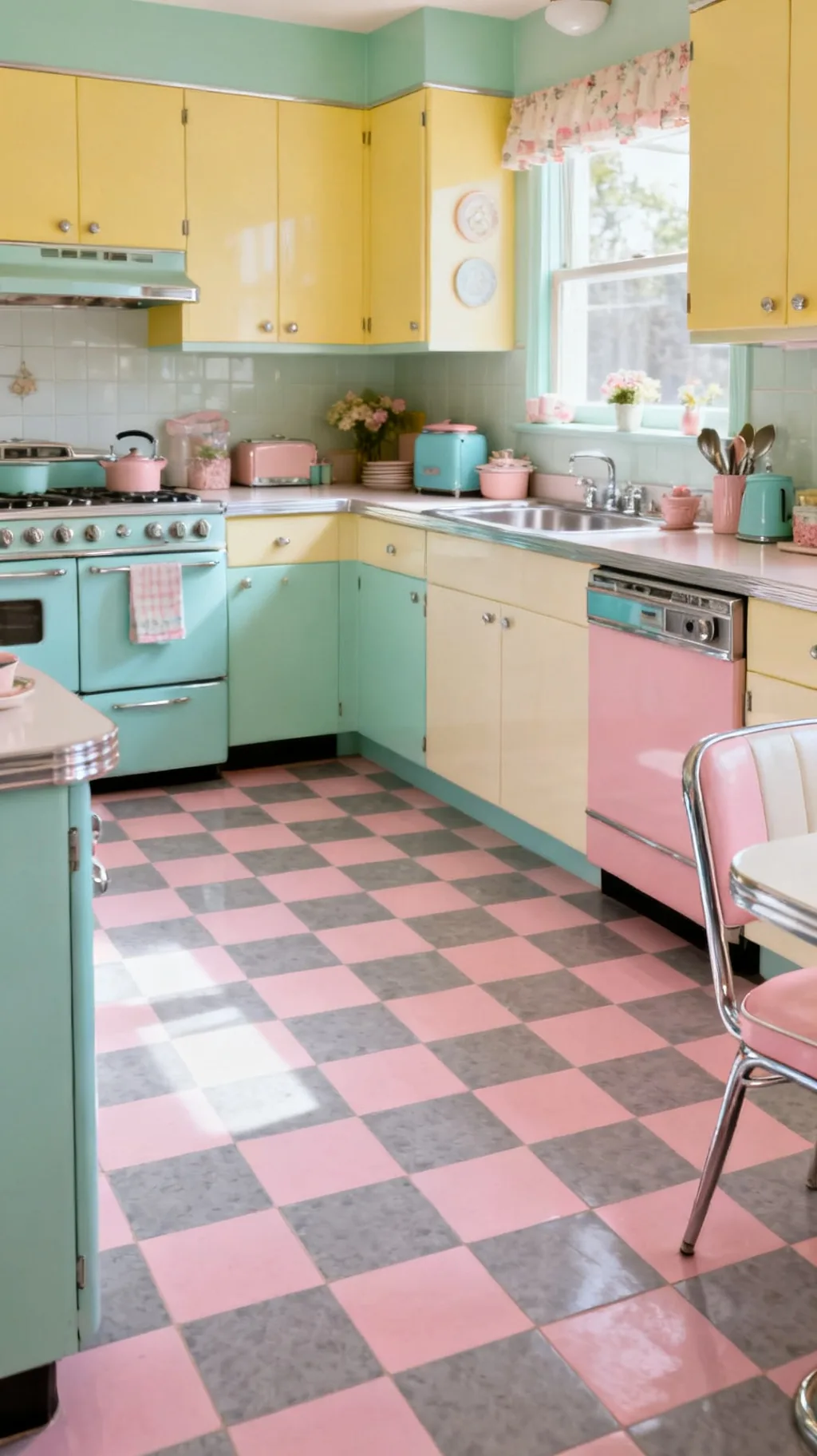 Pink and gray checkerboard floor