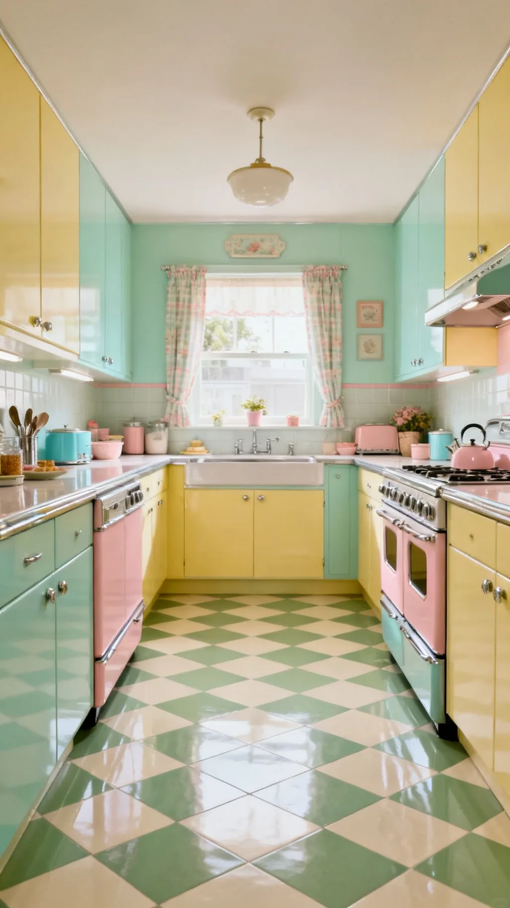 Sage green checkerboard floor