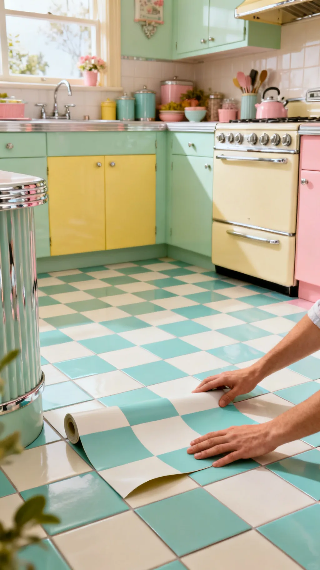 Peel-and-stick checkerboard tiles
