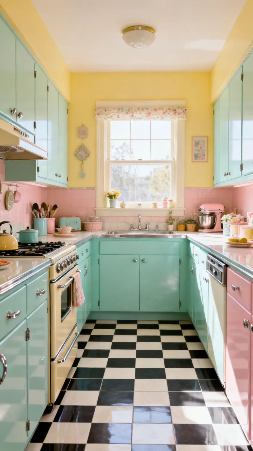 Black and white checkerboard kitchen floor