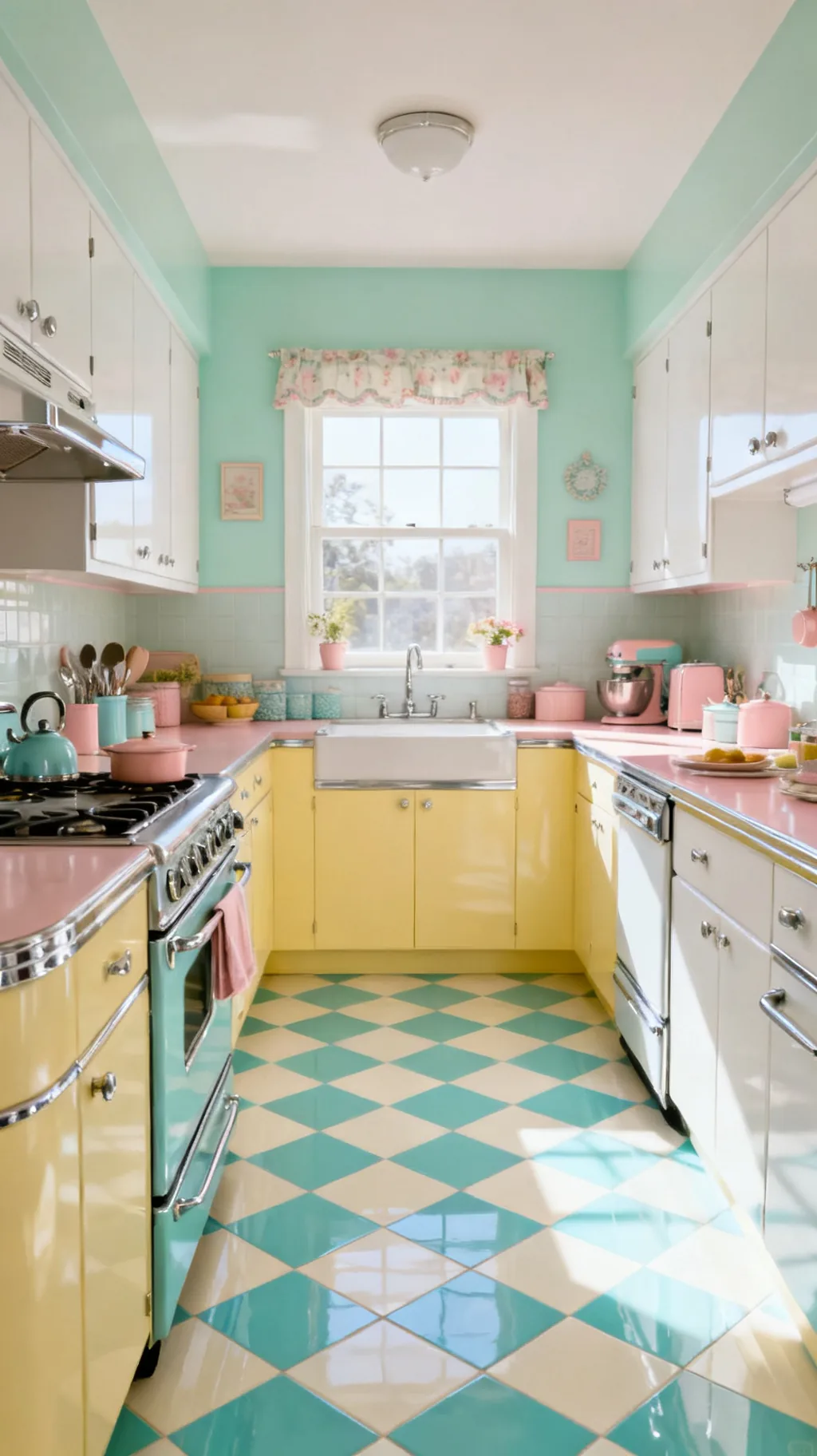 Turquoise and cream checkerboard kitchen floor