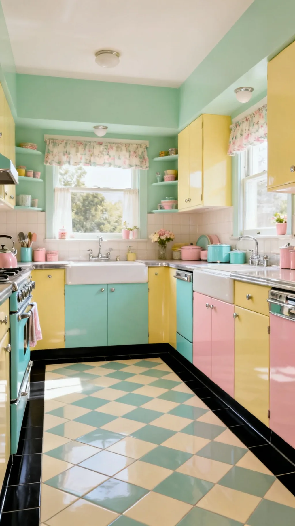 Bordered checkerboard kitchen floor