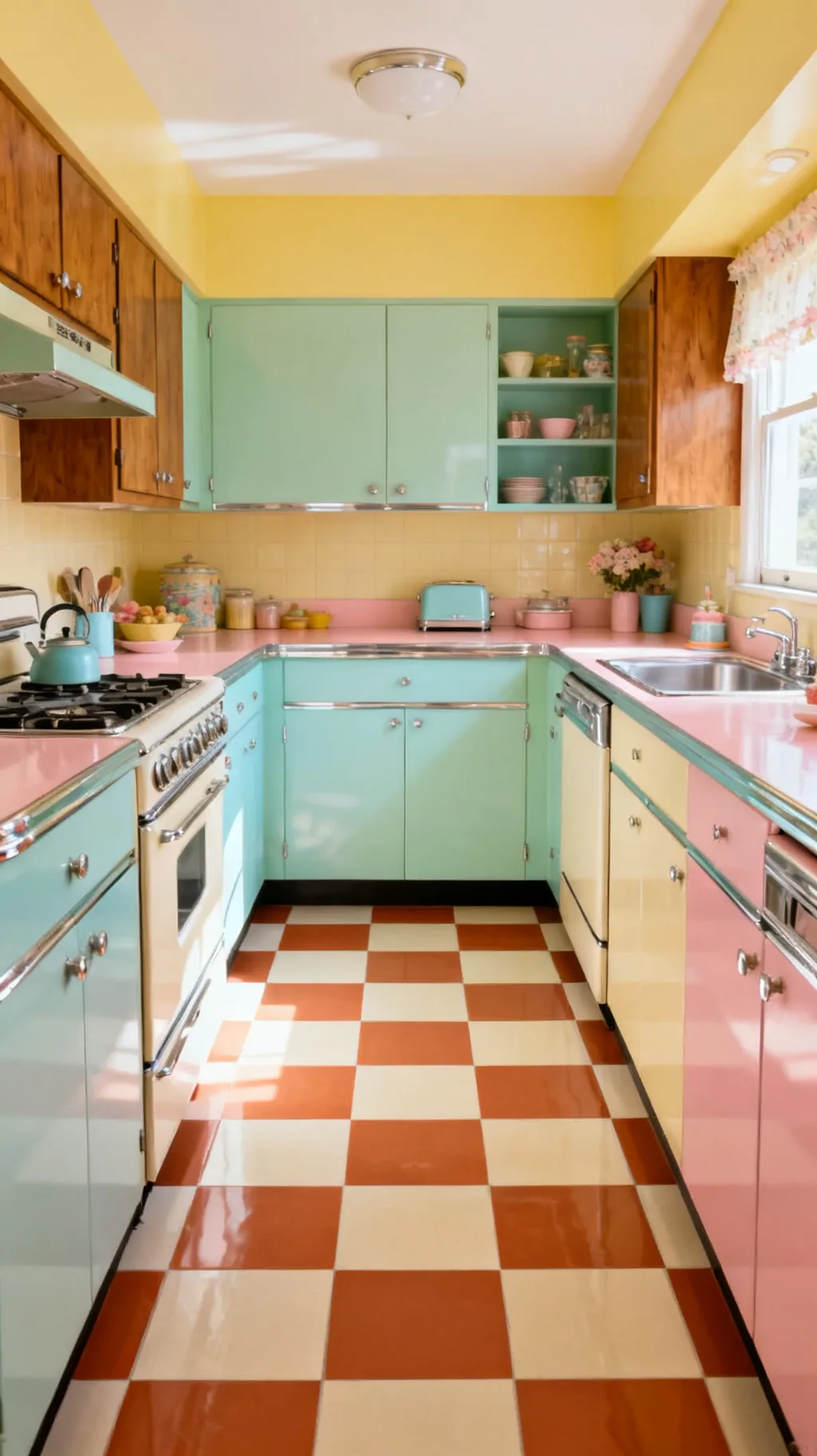Terracotta and cream checkerboard kitchen floor