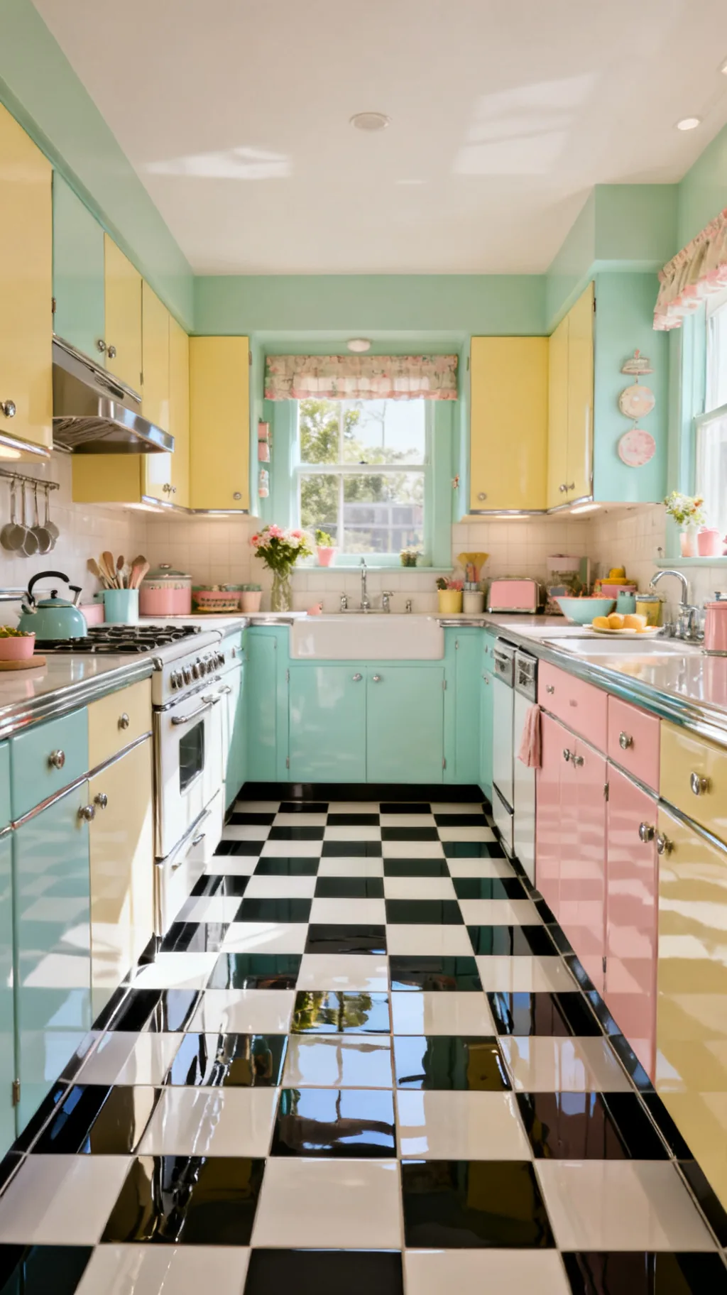 Ceramic checkerboard kitchen floor