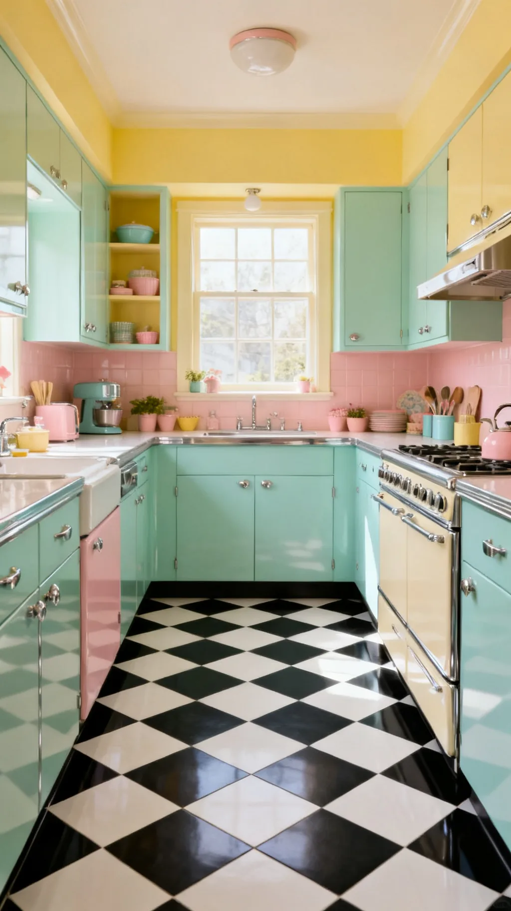 Checkerboard floor with mint cabinets
