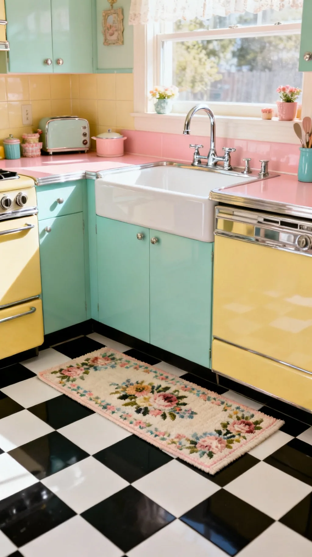 Vintage rug on a checkerboard kitchen floor