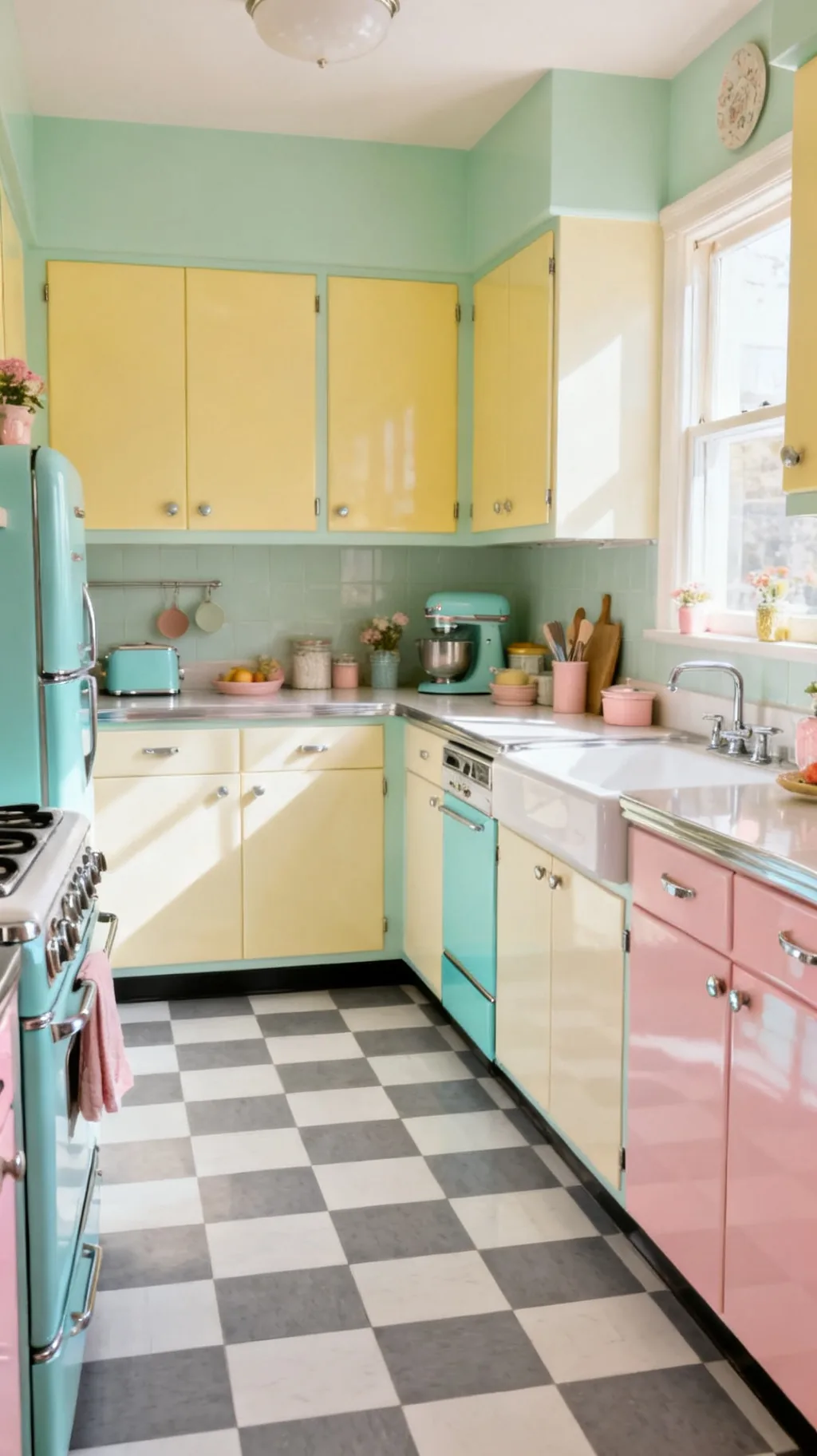Gray and white checkerboard kitchen floor
