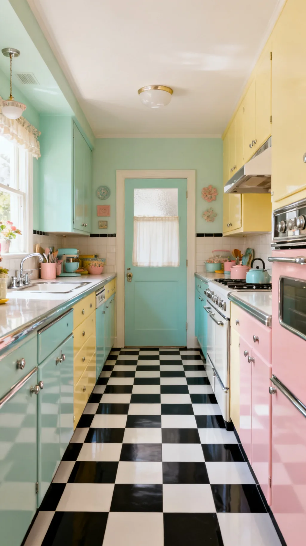 Checkerboard floor in a galley kitchen