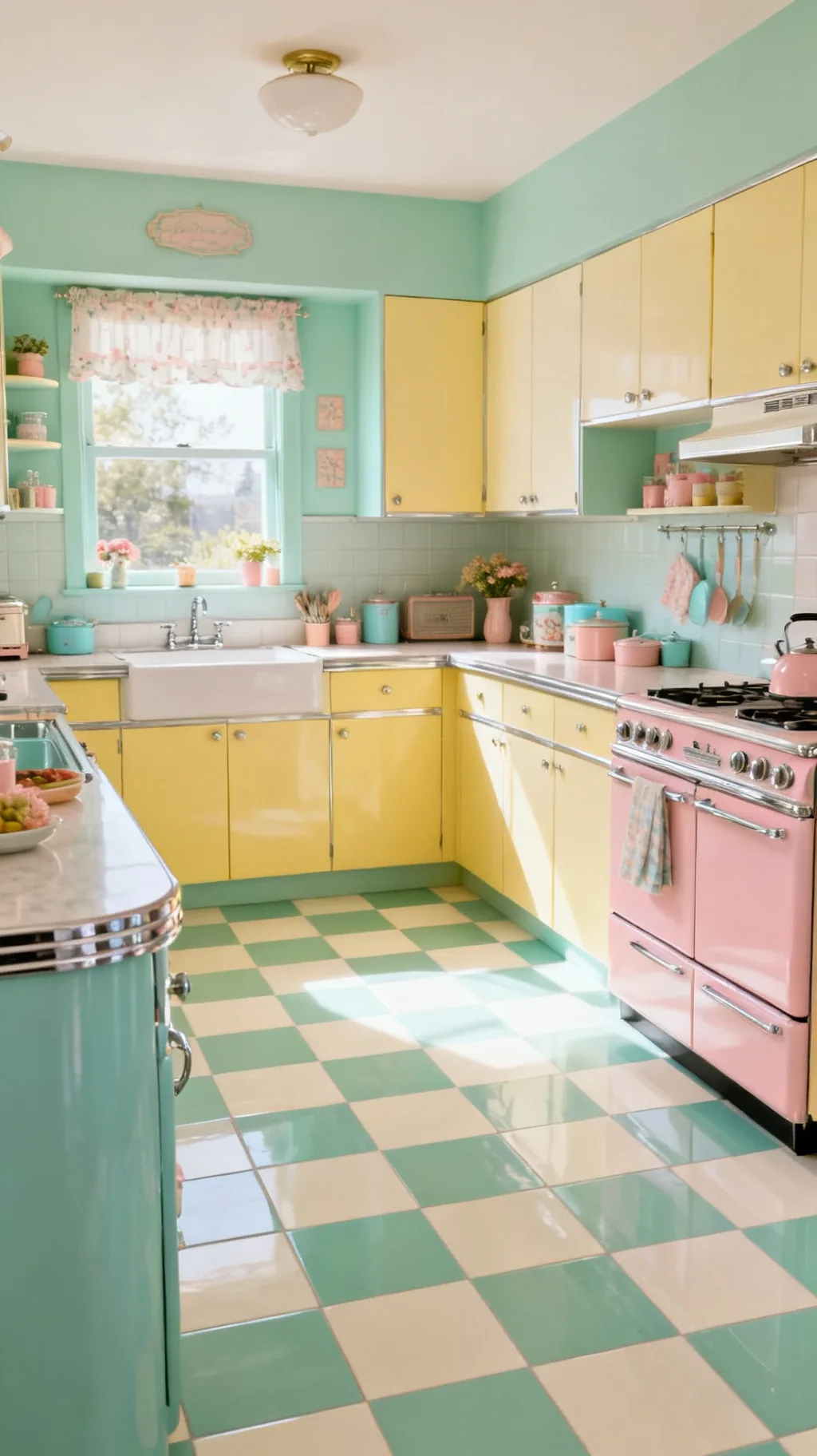 Mint and cream checkerboard kitchen floor
