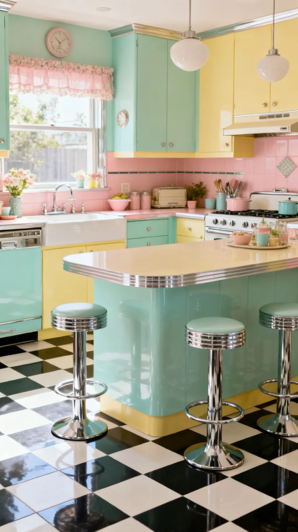 Checkerboard floor under a kitchen island