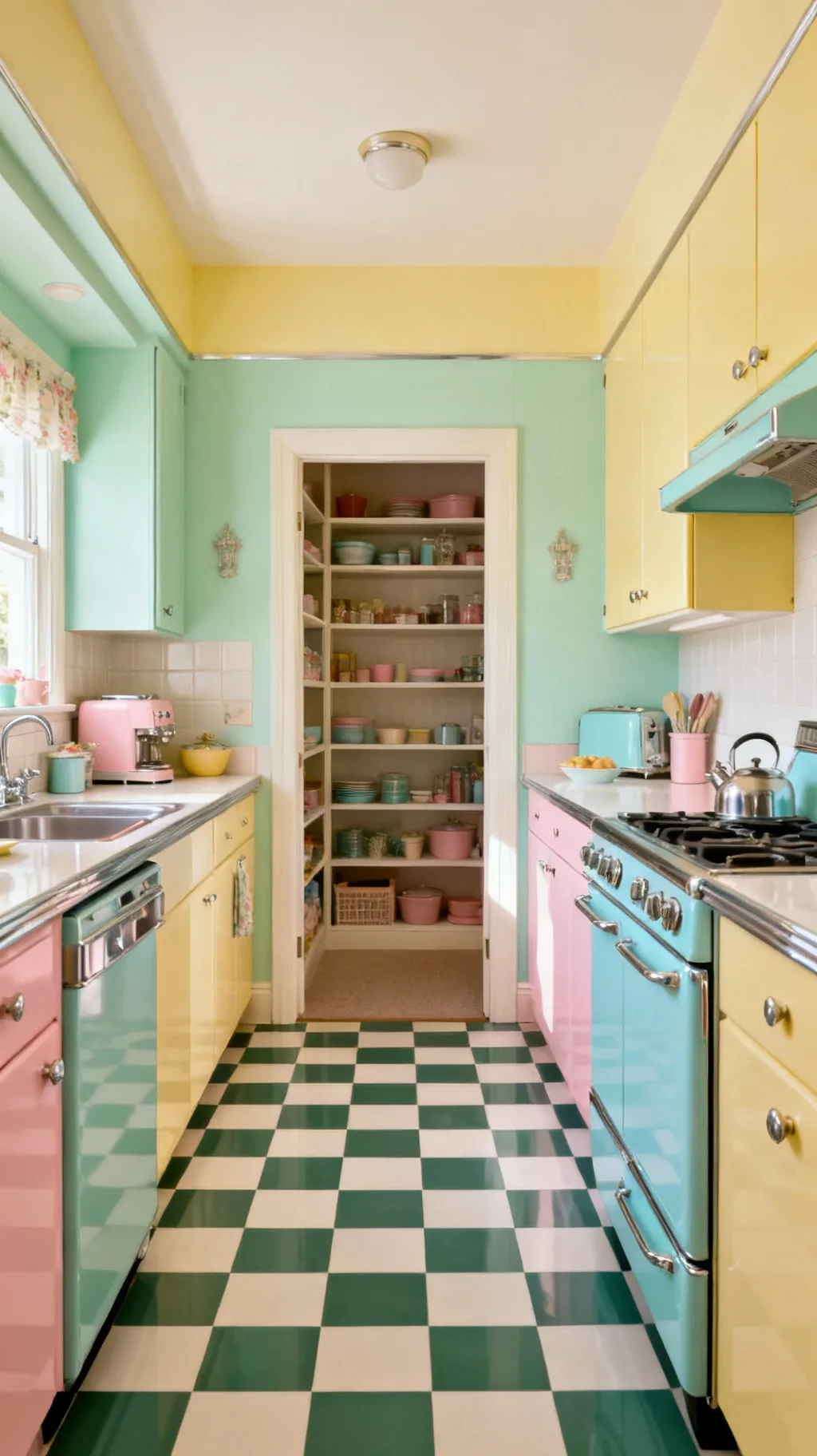 Checkerboard floor extended into a pantry