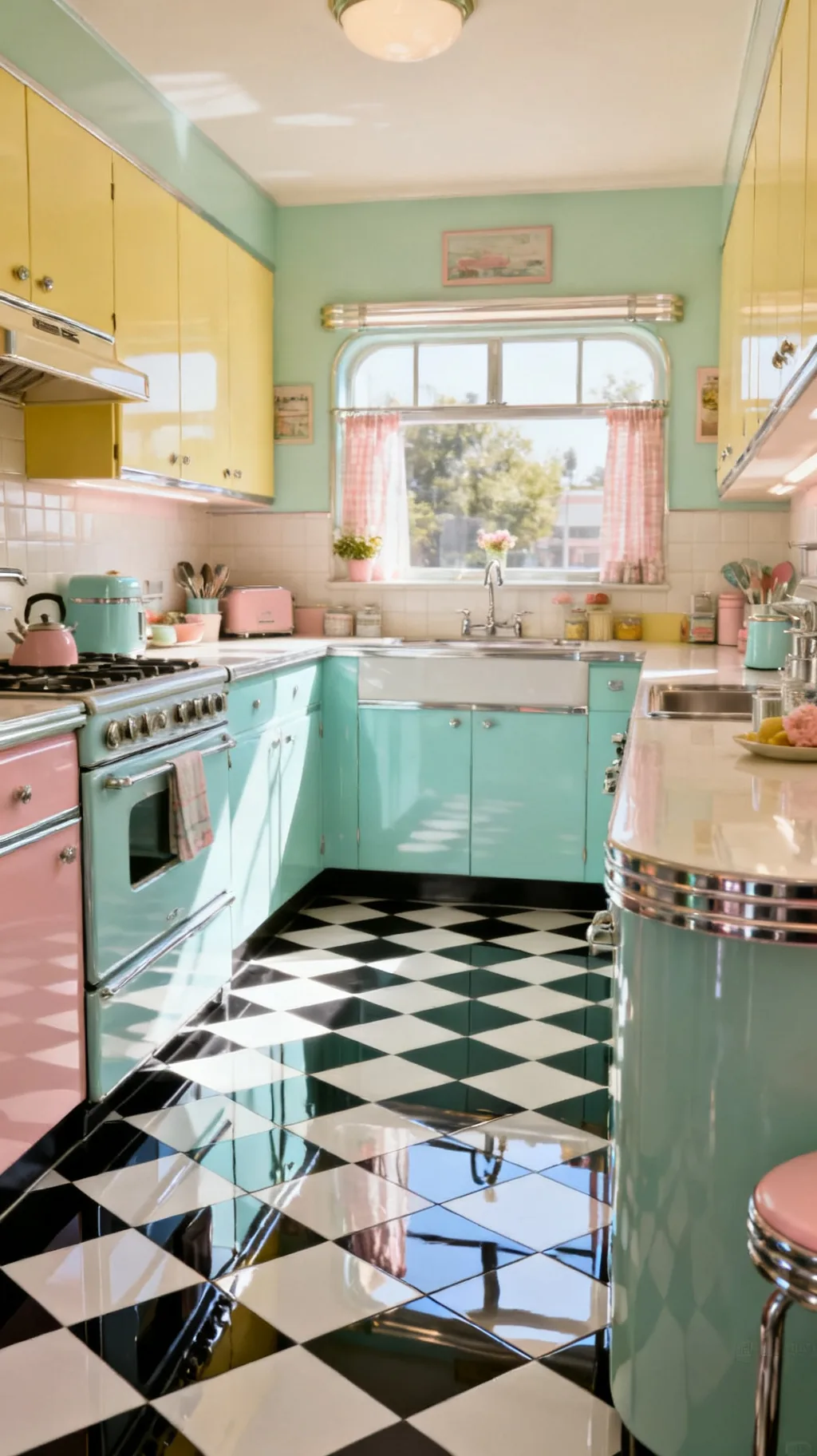 Glossy checkerboard kitchen floor