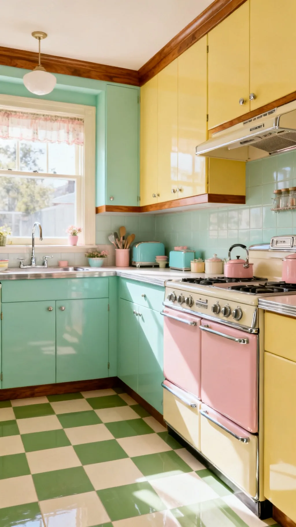 Sage green checkerboard kitchen floor
