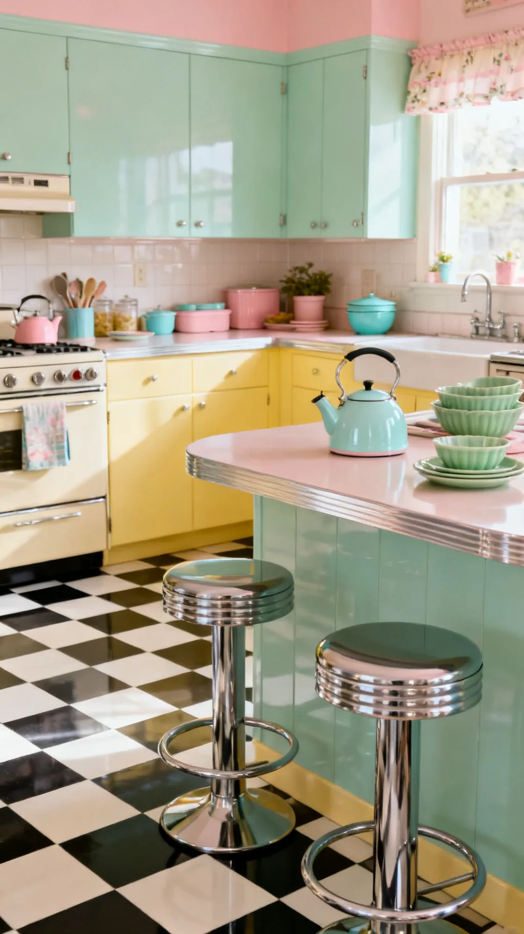 Retro accents styled over a checkerboard kitchen floor