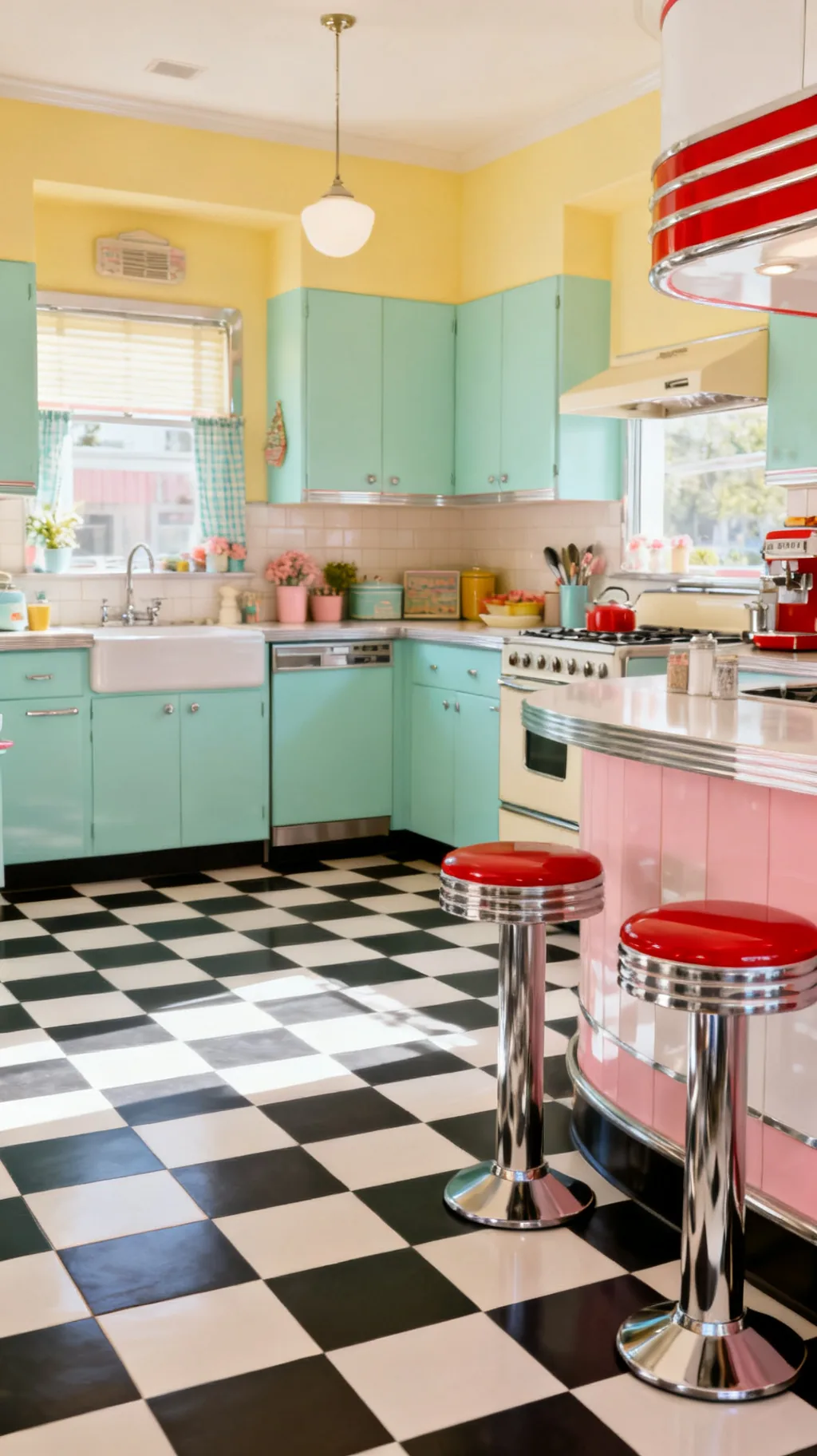 Red and white checkerboard kitchen floor