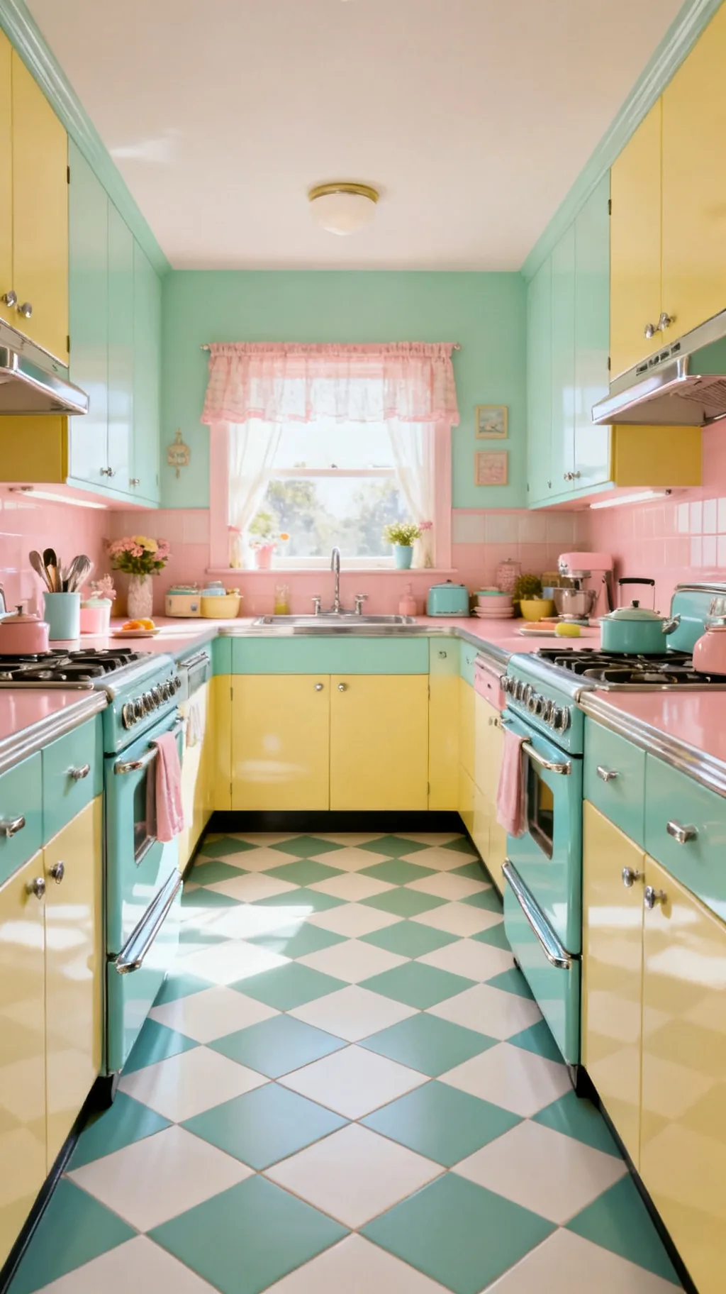 Diagonal checkerboard kitchen floor