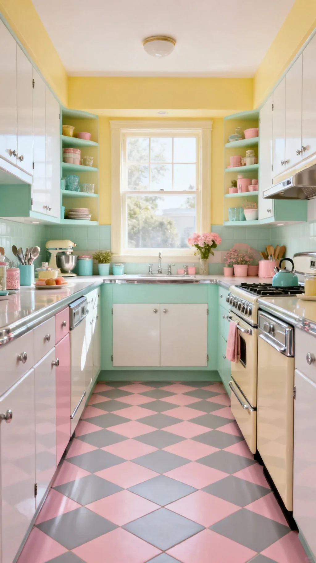 Pink and gray checkerboard kitchen floor