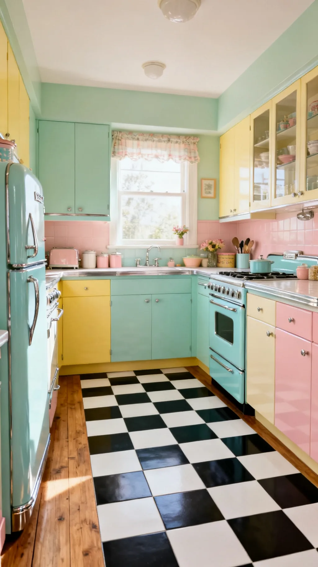 Painted checkerboard kitchen floor