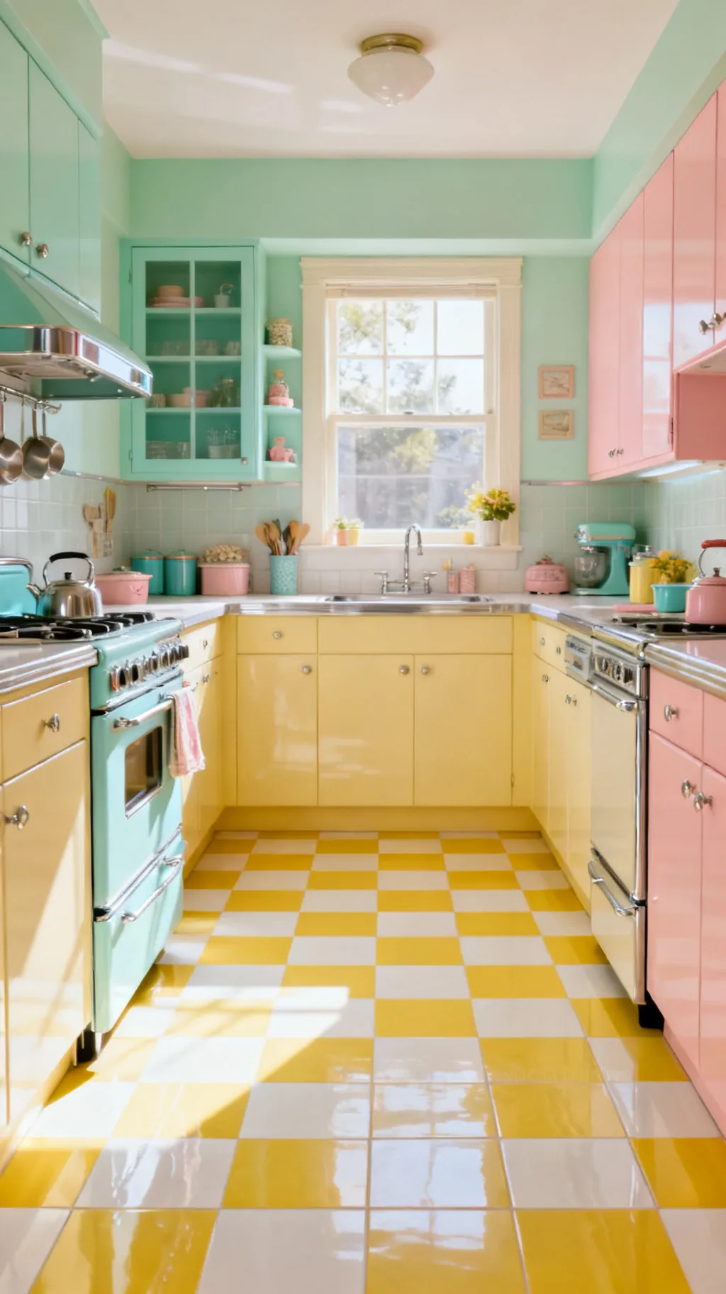 Buttercup yellow checkerboard kitchen floor