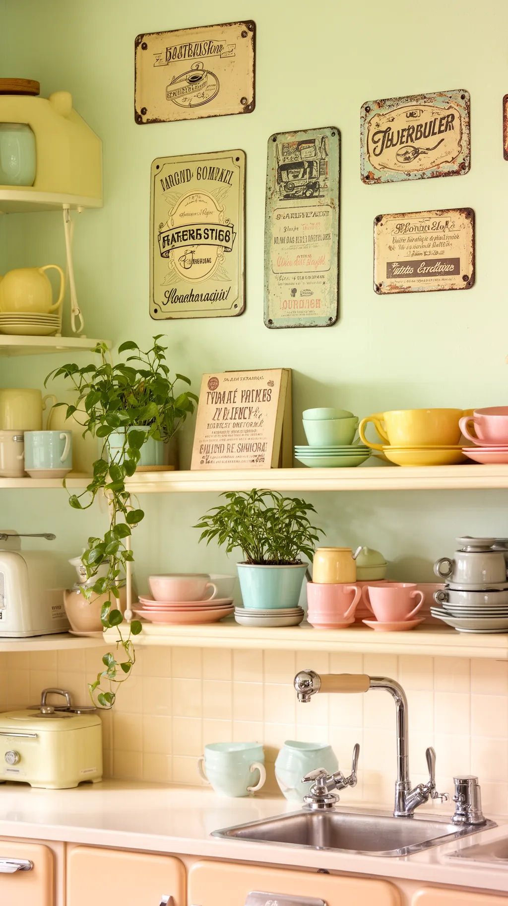 Sign layered with shelves and plants