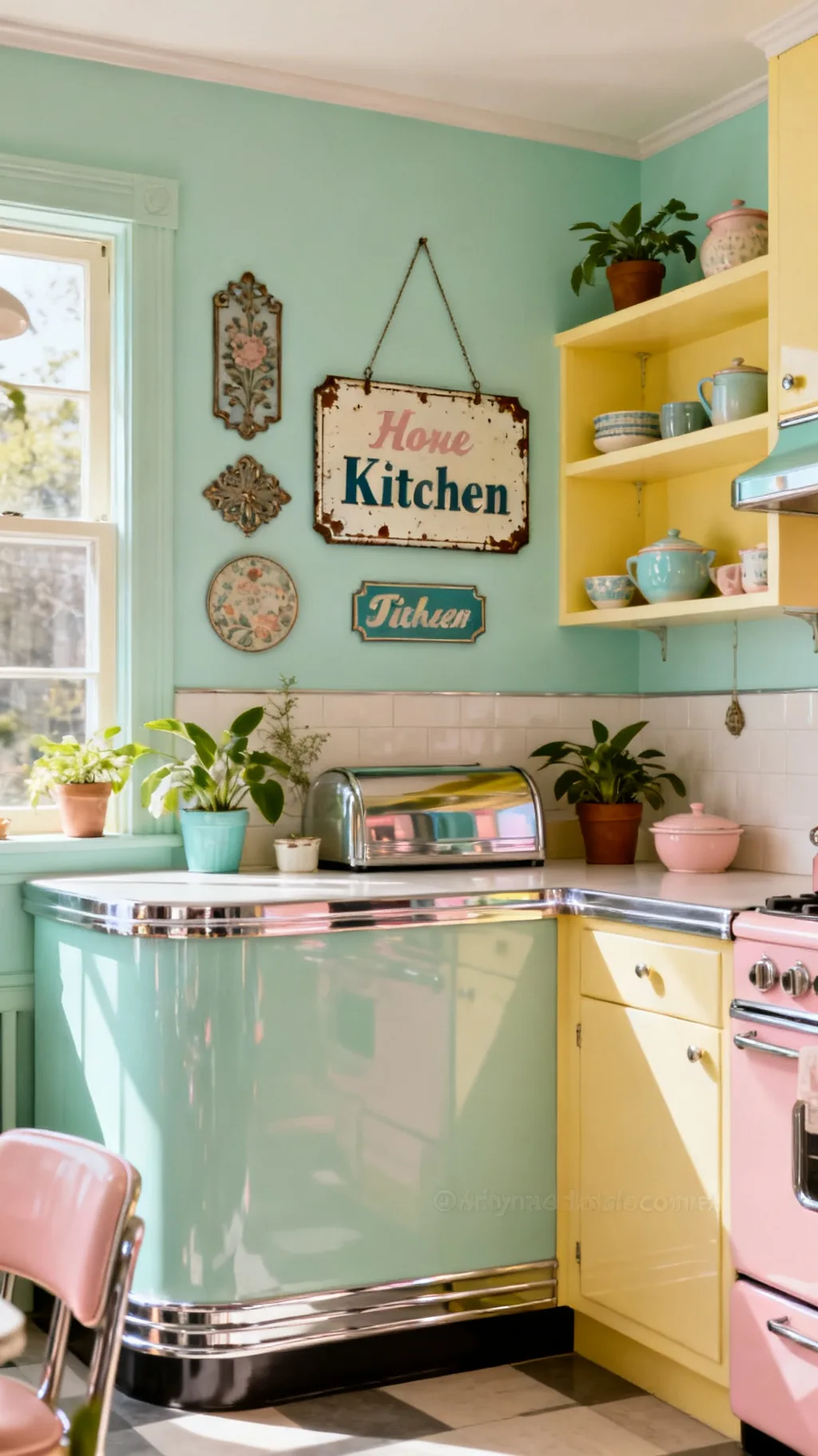Classic enamel vintage kitchen sign on a mint wall