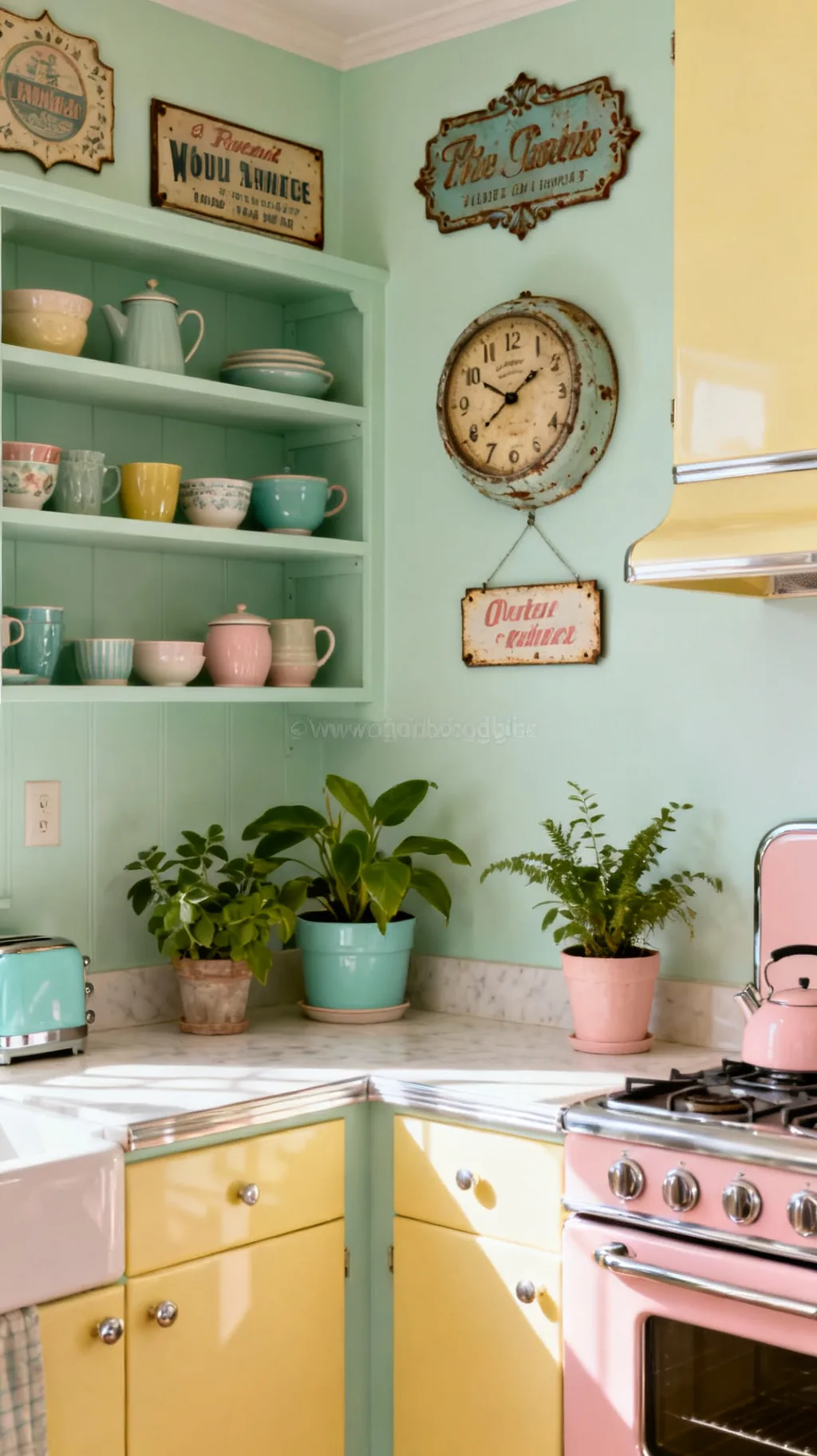 Vintage clock and kitchen sign vignette