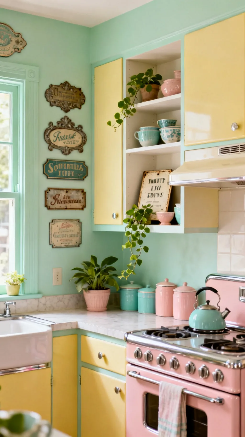 Vintage kitchen sign layered with shelves and plants