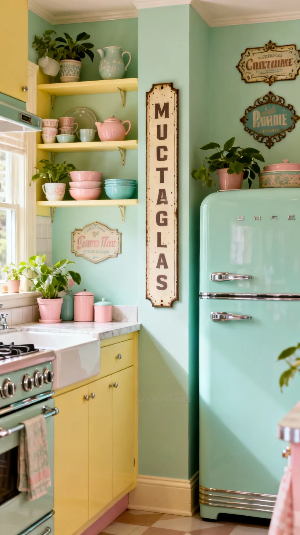 Vintage kitchen sign filling an awkward wall gap
