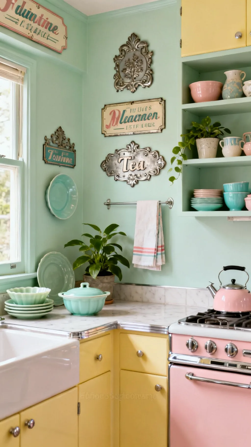 Vintage kitchen signs tied together with retro accents