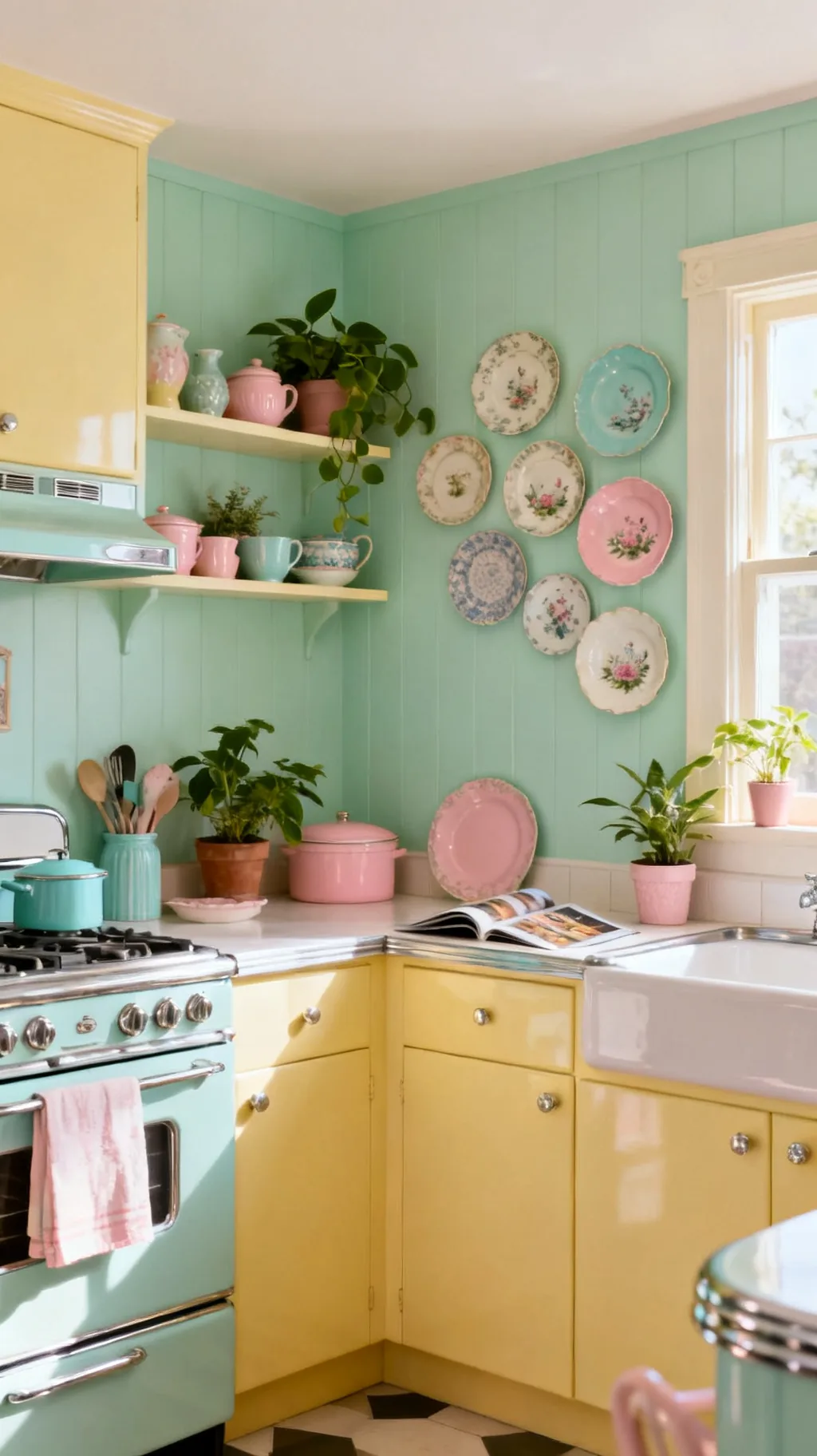 Vintage plate wall in a retro kitchen