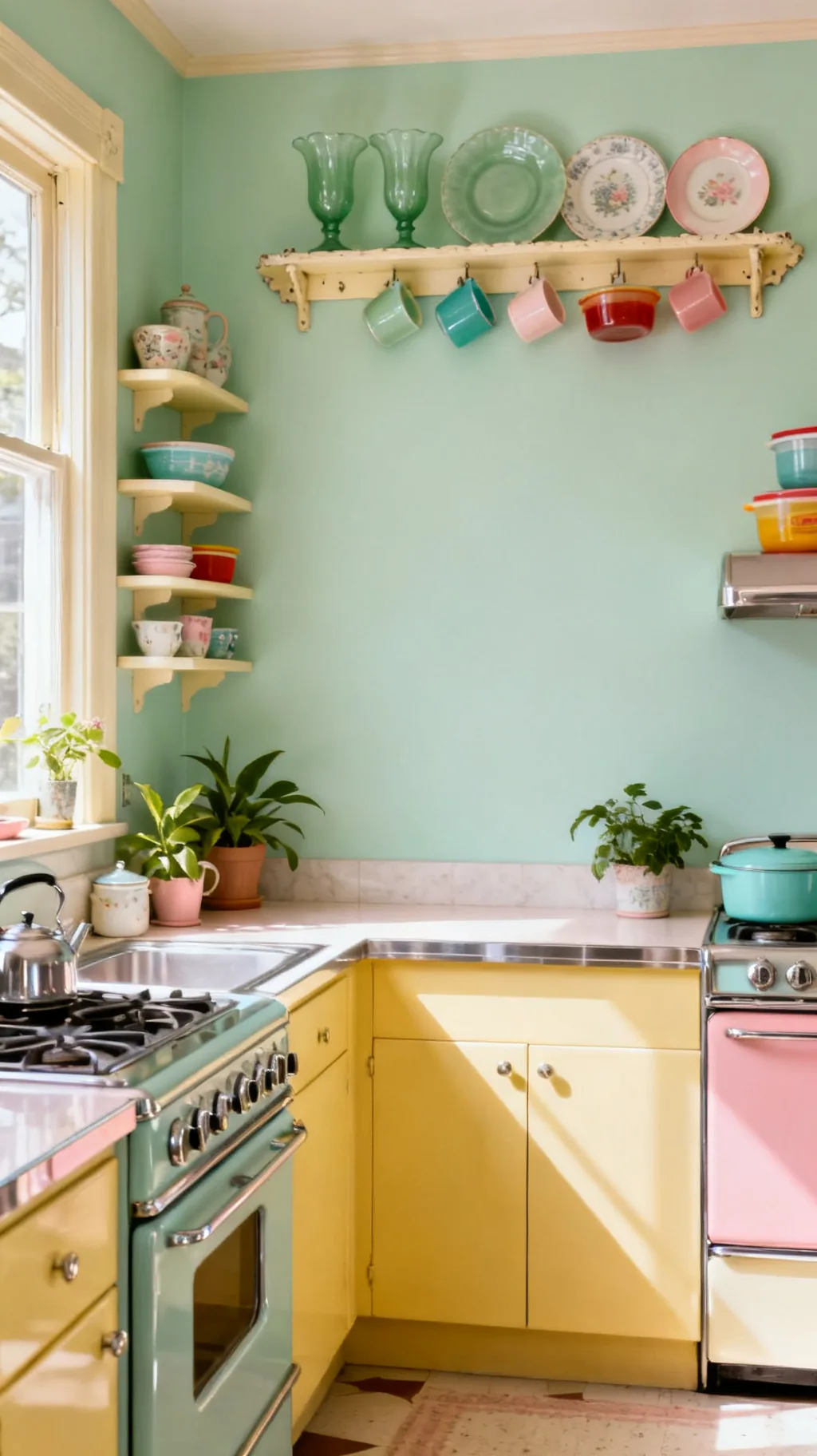 Jadeite and Pyrex on a plate rail as kitchen wall decor
